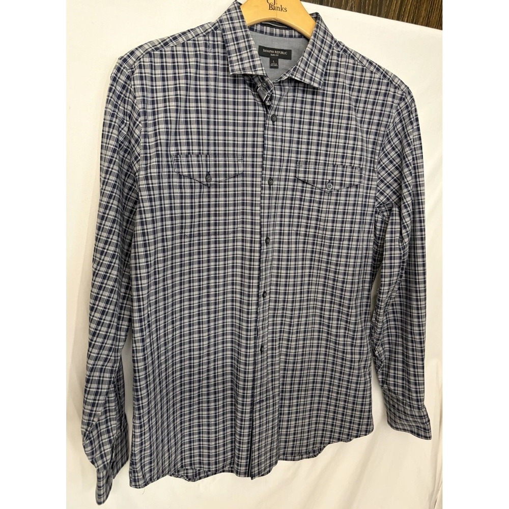 Banana Republic Mens Non Iron Tailored Slim Fit Plaid Dress Shirt Size L Grey